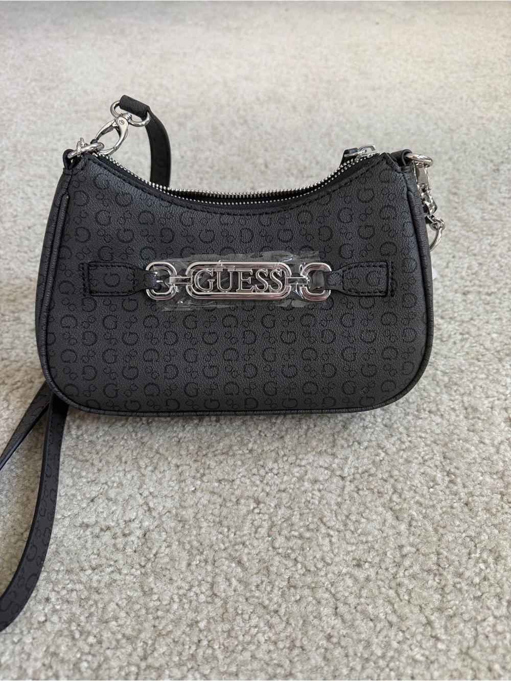 GUESS Black Monogram Mini Shoulder Bag with Silver Hardware